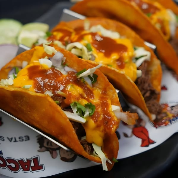 Four Taco Shop 760 birria tacos with cheese, salsa, and cilantro, served with lime.
