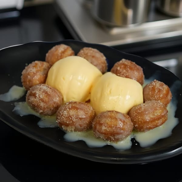 Mexican dessert with golden-brown donut holes, two scoops of vanilla ice cream, and a creamy sauce.